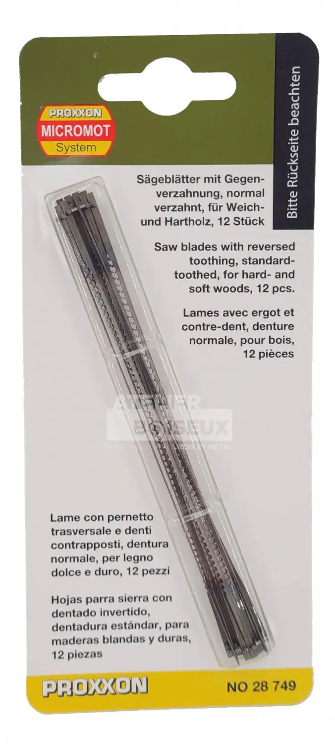 Lot de 12 Lames avec ergot 127 mm en denture inversée - 14TPI - Pour scies Hegner et autres modèles - PROXXON