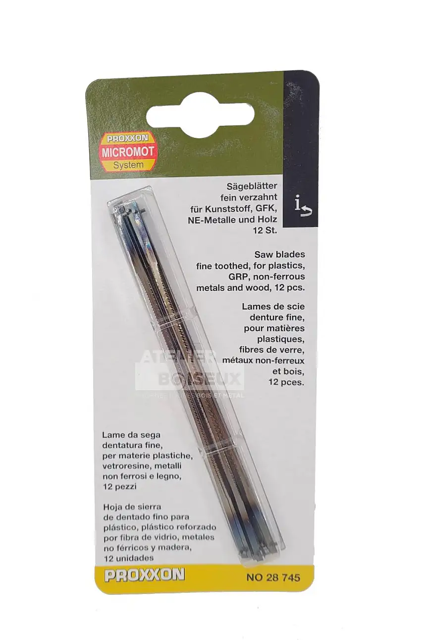 Lot de 12 Lames "fines" avec ergot - 127x1,76x 0,25 mm 25TPI - Pour scies Hegner et autres modèles - PROXXON