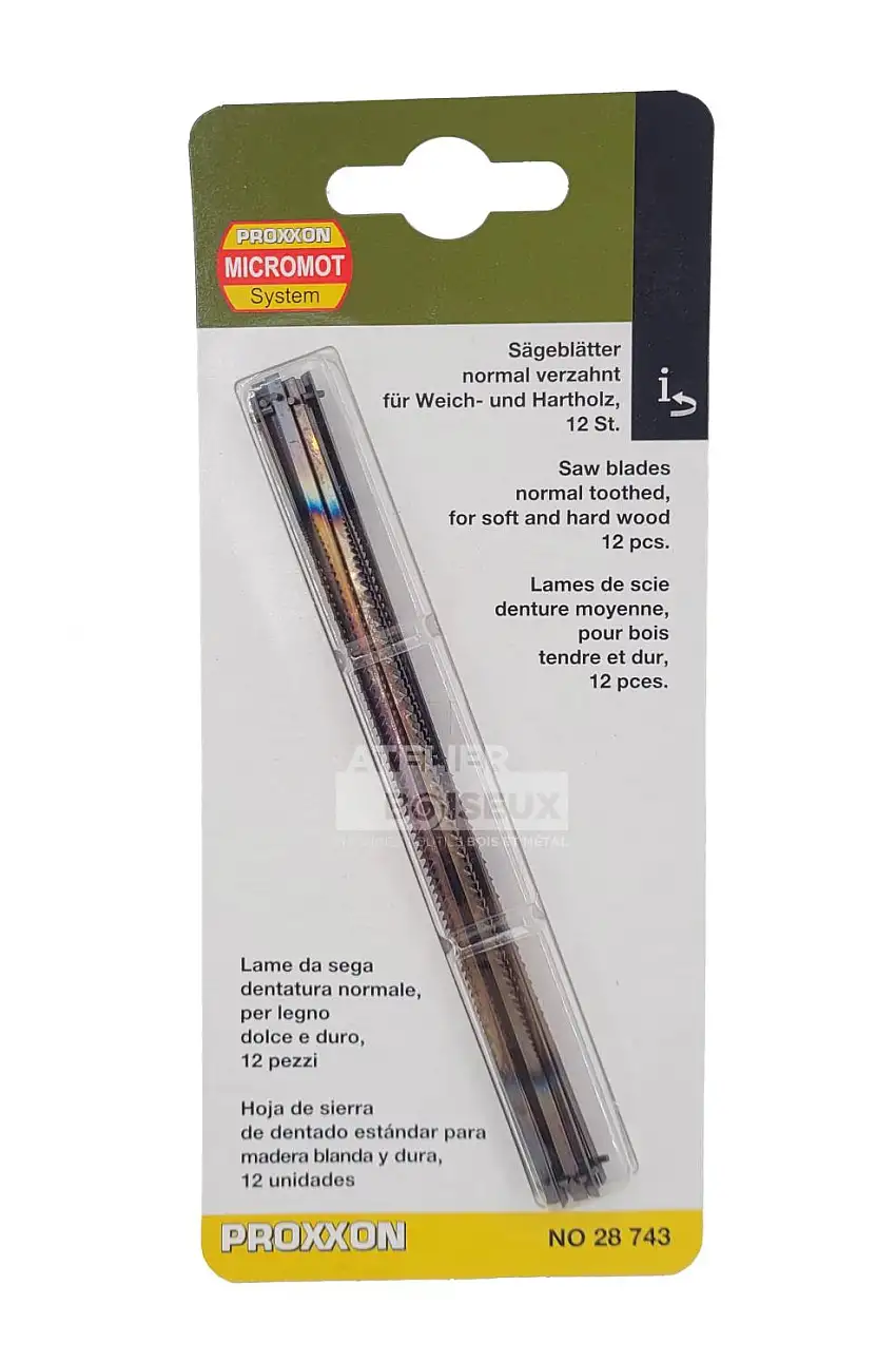 Lot de 12 Lames "moyennes" avec ergot - 127x1,86x 0,24 mm 18TPI - Pour scies Hegner et autres modèles - PROXXON