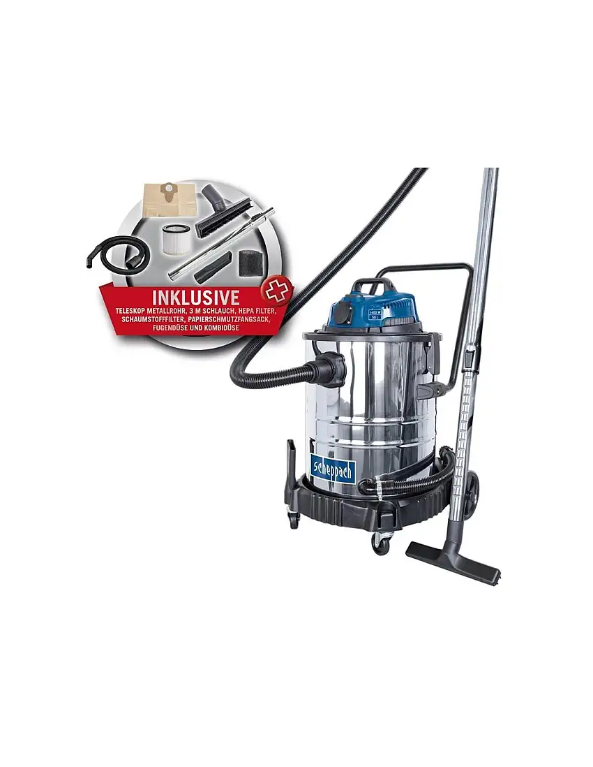 Aspirateur sec humide eau et poussière acier inox 50l 1400w Scheppach asp50-es